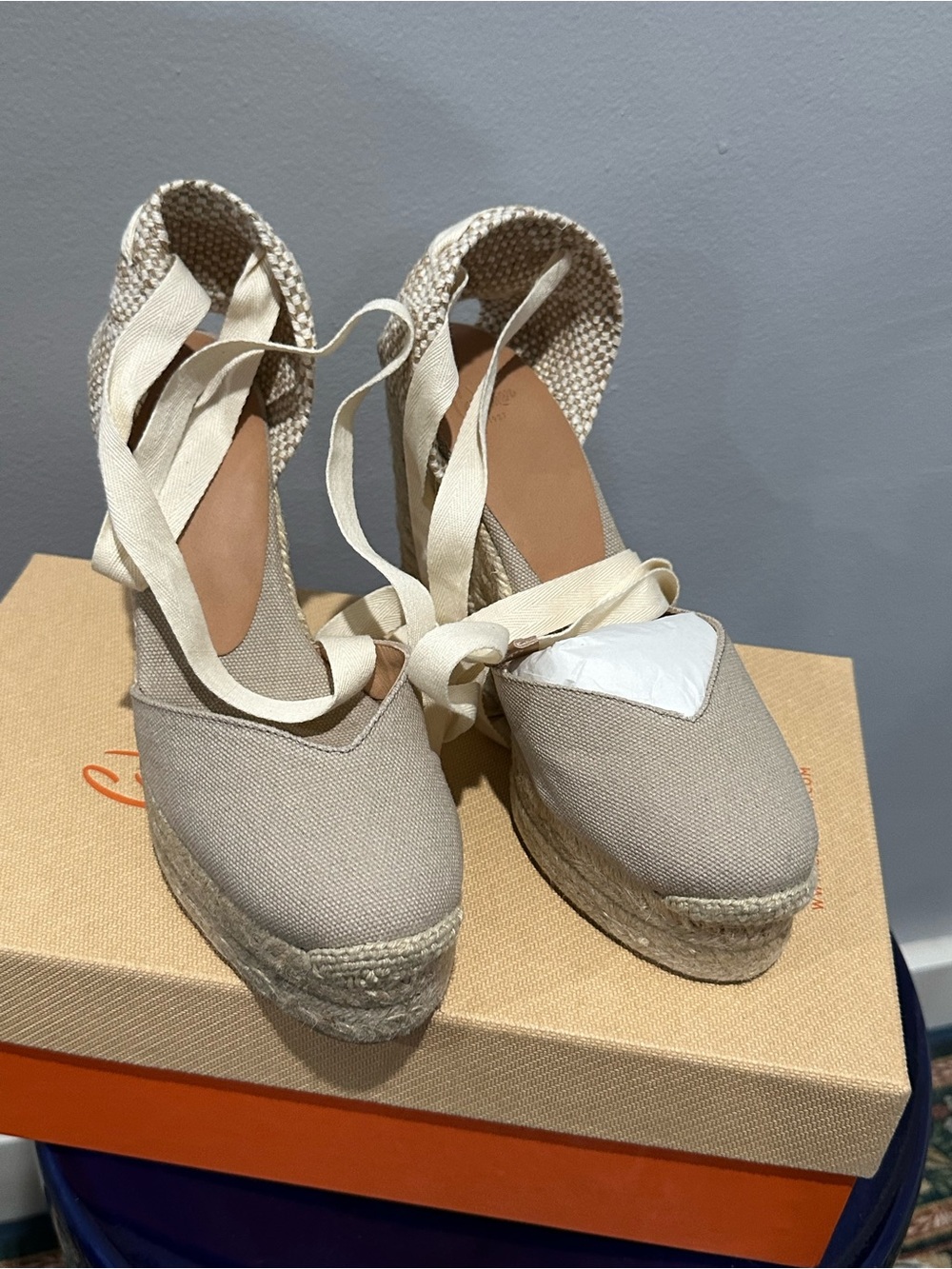 Castaner Chiara 80 Neutral Canvas Espadrille Wedge Sandals, size 35/US 5